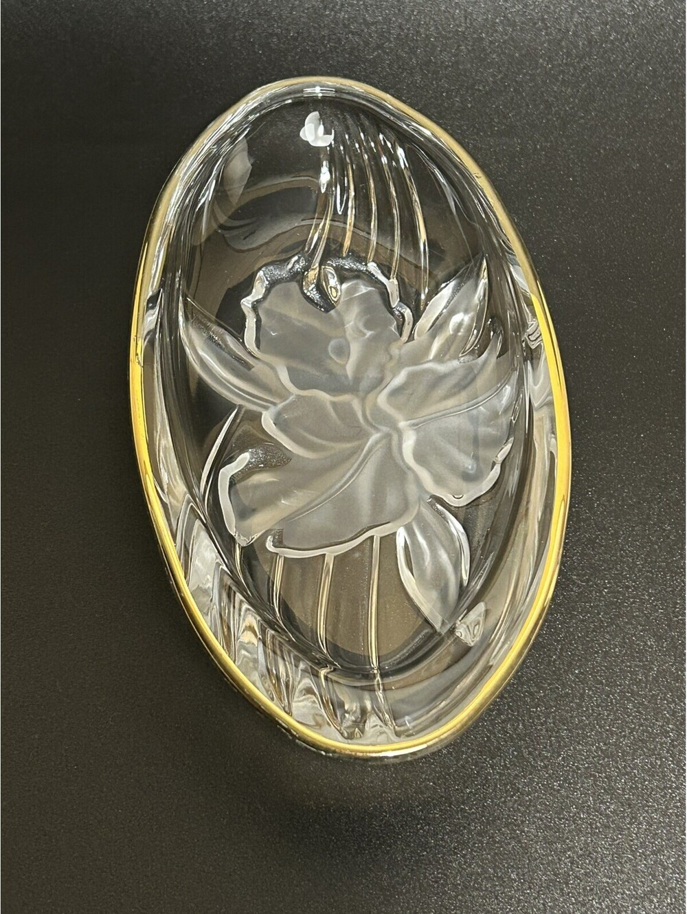 Vintage Mikasa Studio Nova Oval Crystal Frosted Iris Dish Gold Trim 1980’s